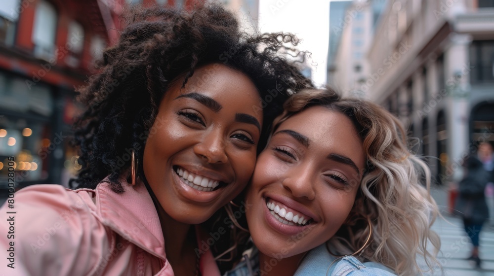 Two smiling women with curly hair wearing hoop earrings embracing each other on a city street with blurred background. Two smiling women with curly hair wearing hoop earrings embracing each other on a city street with blurred background.