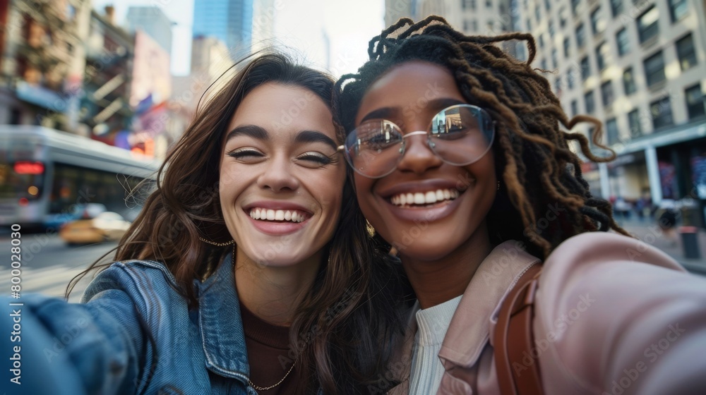 Two young women smiling brightly at the camera enjoying a moment together on a bustling city street with a backdrop of tall buildings and a bus. Two young women smiling brightly at the camera enjoying a moment together on a bustling city street with a backdrop of tall buildings and a bus.