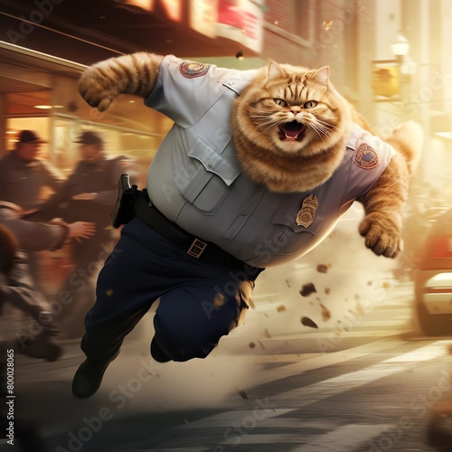 A Felidae in a police uniform is sprinting along the street