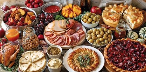 A table full of food, including fruits, vegetables, meats, and pies.