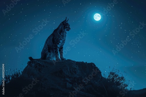 Lynx Silhouette with a Glowing Moon and Starry Sky