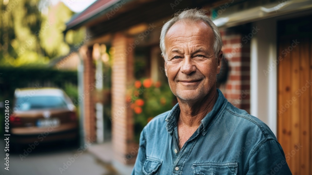 A man with gray hair wearing a blue shirt standing in front of a house with a car parked in the driveway.