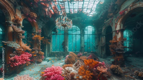 Enigmatic underwater ballroom encrusted with vibrant coral reefs and marine life