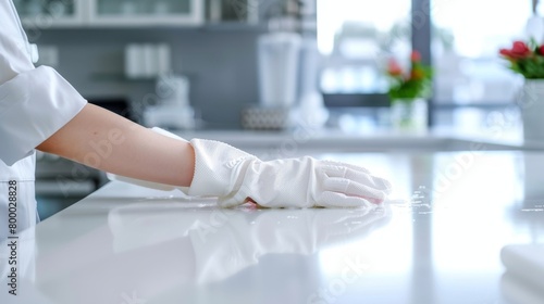 A gloved hand wiping a white countertop in a clean modern kitchen.