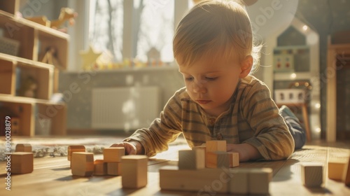 A young child engrossed in play with wooden blocks on a wooden floor surrounded by toys and a cozy room with natural light. photo