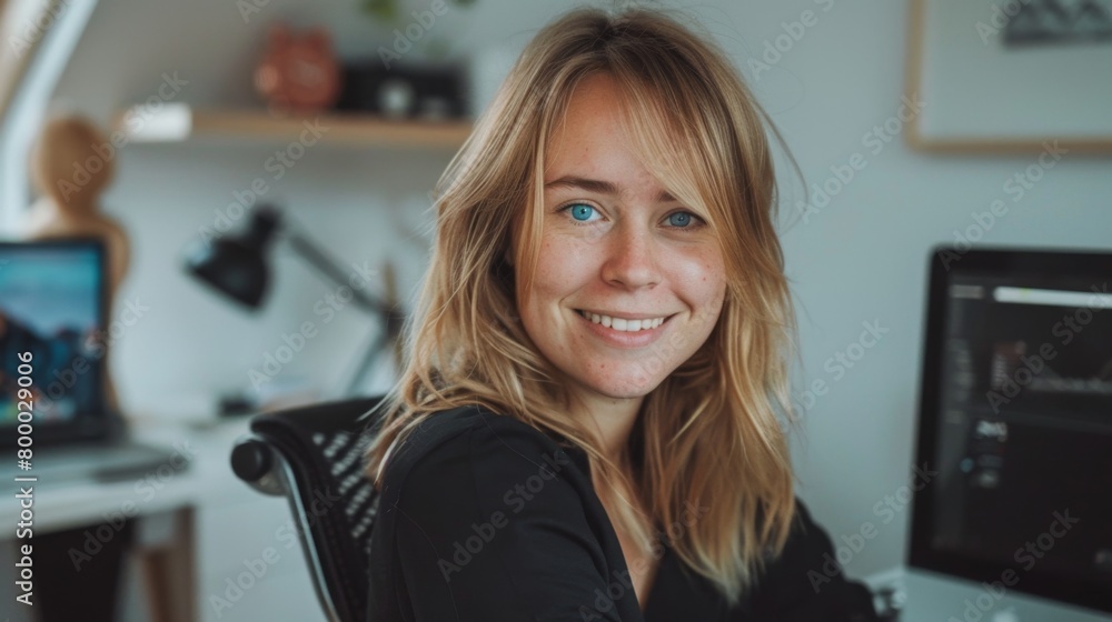 Young woman with blue eyes and blonde hair smiling at camera sitting at desk with laptop and monitor in modern home office setting. Young woman with blue eyes and blonde hair smiling at camera sitting at desk with laptop and monitor in modern home office setting.