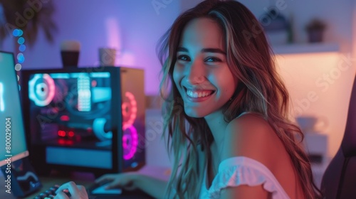 Young woman with long hair smiling at camera sitting in front of illuminated computer setup with colorful lights in a cozy room with soft lighting.