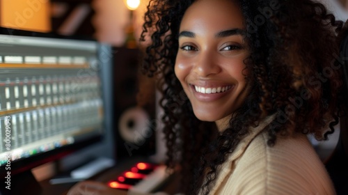A smiling woman with curly hair sitting in front of a computer screen displaying a music production software with a keyboard and sound equipment in the background.