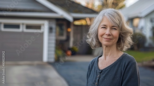 Woman with short gray hair smiling wearing a blue shirt standing in front of a house with a gray garage door. © iuricazac
