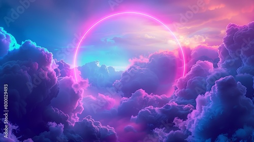 Neon Glowing Cirlce frame with colorful clouds
