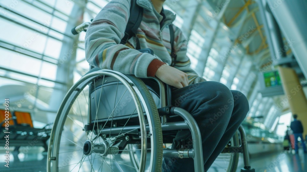 A person in a wheelchair with a striped sweater sitting in a modern building with a glass ceiling.