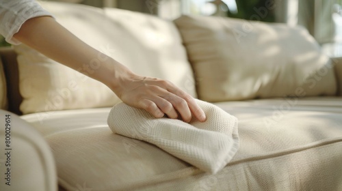 Hand gently placing a soft white towel on a beige couch cushion.