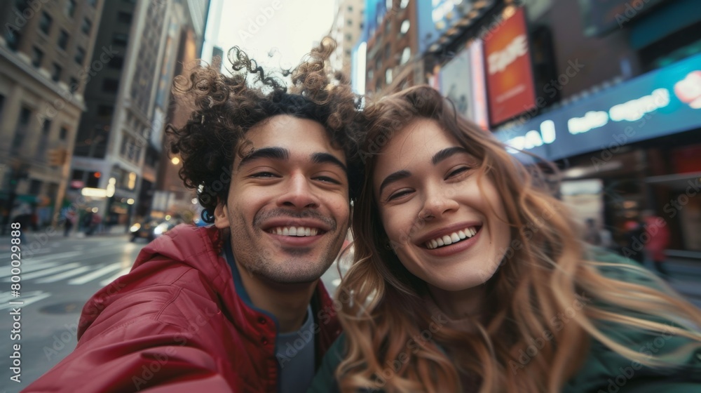 A couple taking a selfie on a bustling city street smiling and enjoying their time together. A couple taking a selfie on a bustling city street smiling and enjoying their time together.