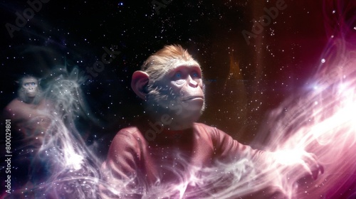 Enchanted primate exploring a cosmic galaxy filled with glowing stardust and ethereal waves photo