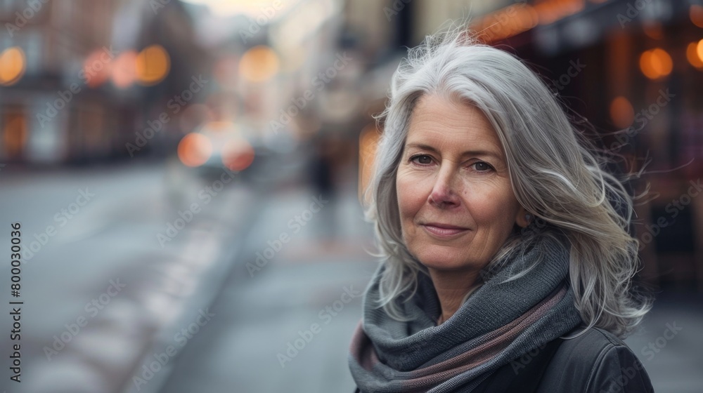 A woman with gray hair wearing a scarf standing on a city street with blurred lights in the background. A woman with gray hair wearing a scarf standing on a city street with blurred lights in the background.