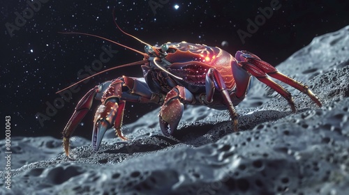Giant hermit crab exploring a moon-like terrain under a starry sky