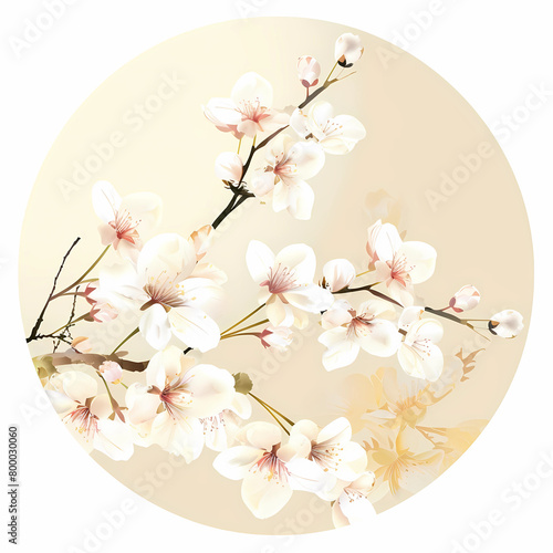 A sprig of abundantly blooming cherry in delicate pastel colors on a round and white background