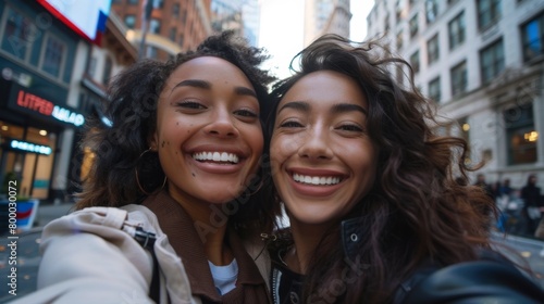 Two smiling women taking a selfie on a city street.