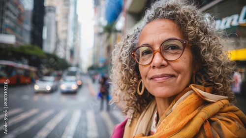 A smiling woman with curly hair and glasses wearing a scarf standing on a city street with blurred traffic and buildings in the background.