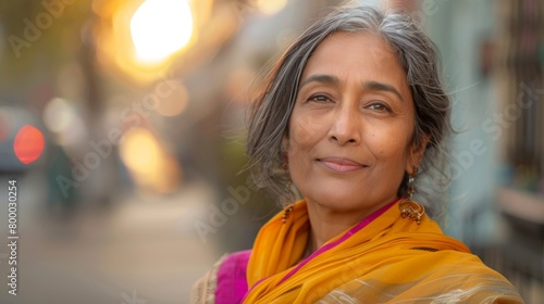 A woman with gray hair wearing a yellow scarf smiling at the camera with a blu rred city street in the background. photo