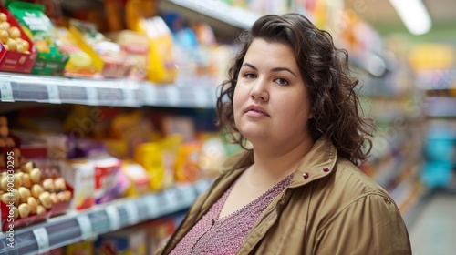 Woman with curly hair wearing a brown jacket standing in a grocery store aisle with various packaged food items.