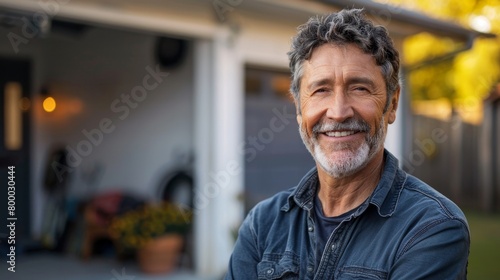 Smiling man with gray beard and hair wearing blue denim shirt standing in front of garage door with open window surrounded by potted plants and outdoor fu rniture. photo