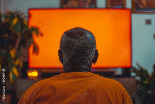 App view afro-american man in his 60s in front of an smart-tv with a fully orange screen