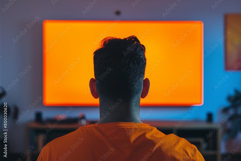 App demo indian man in his 40s in front of an smart-tv with a fully orange screen App demo indian man in his 40s in front of an smart-tv with a fully orange screen