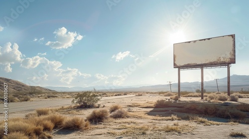 An expansive desert landscape under the harsh sunlight featuring a blank billboard perfect for custom messages