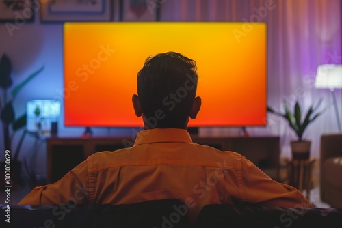 App demo indian man in his 40s in front of an smart-tv with a fully orange screen