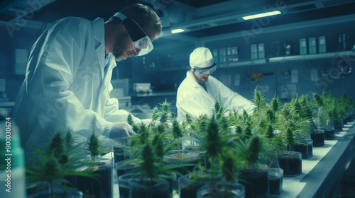 Team of scientists Team and laboratory cannabis analysis with study medical research Stimulation makes people laugh.