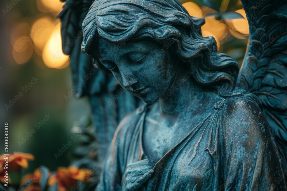 An exquisite photograph of a classical statue exhibiting intricate details and textures against a softly blurred backdrop An exquisite photograph of a classical statue exhibiting intricate details and textures against a softly blurred backdrop