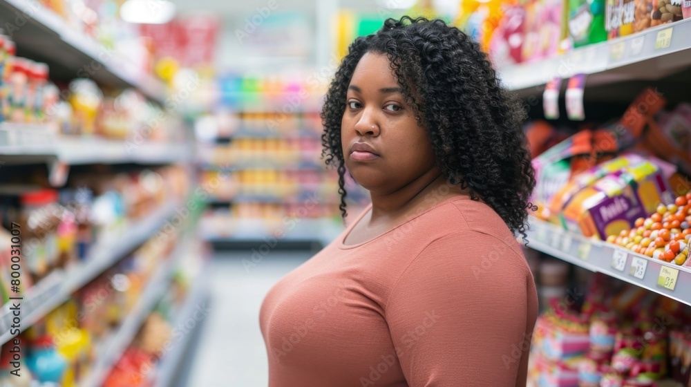 A woman with curly hair wearing a pink top standing in a grocery store aisle with various products on shelves in the background.
