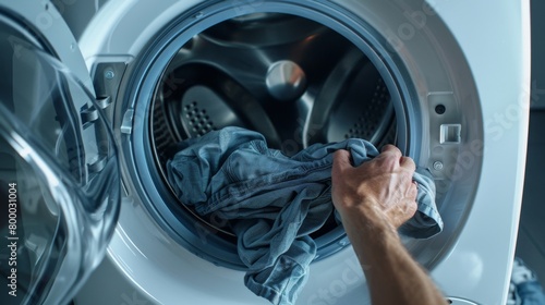 Hand reaching into a front-loading washing machine to remove a blue garment.