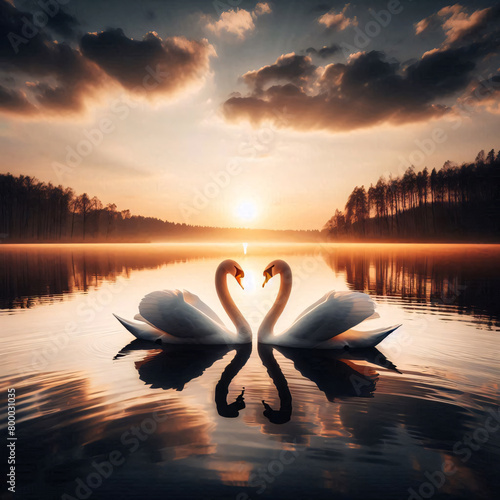 pair of two swans on the calm lake at sunset