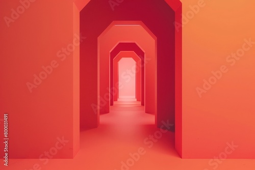 Vibrant Red Corridor with Geometric Depth Perspective 