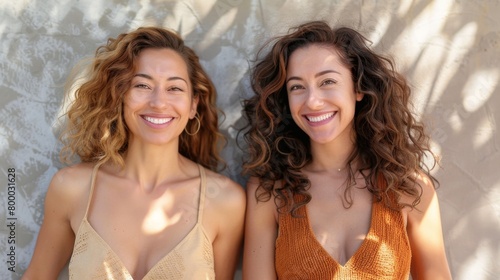 Two smiling women with curly hair wearing sleeveless tops standing side by side against a textured wall with sunlight casting shadows.