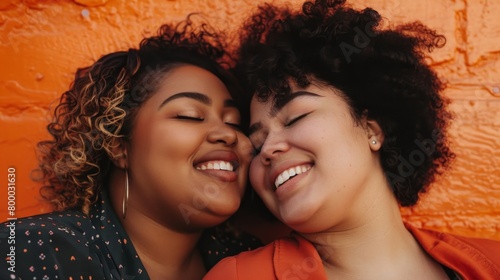 Two smiling women with curly hair wearing orange tops close together sharing a joyful moment against an orange textu red wall.