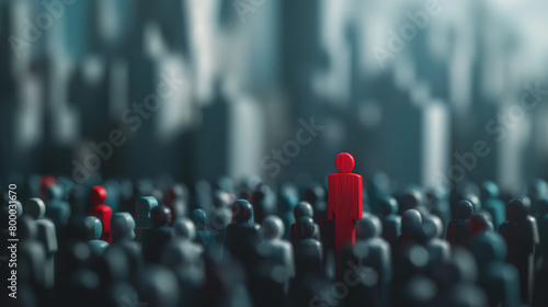 A striking image of a red figure among a sea of grey figures symbolizes leadership and individuality