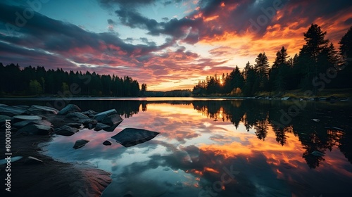 Sunset over tranquil mountain range reflects in calm pond photo
