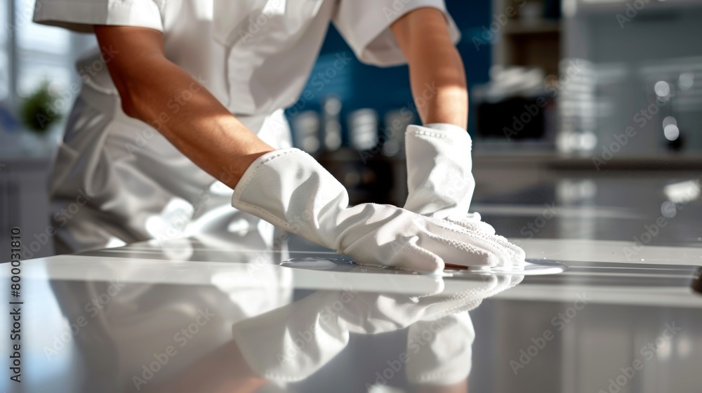 A chef in a white uniform and gloves meticulously cleaning a kitchen counter. A chef in a white uniform and gloves meticulously cleaning a kitchen counter.