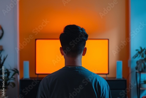 Application mockup asian man in his 20s in front of an smart-tv with an entirely orange screen