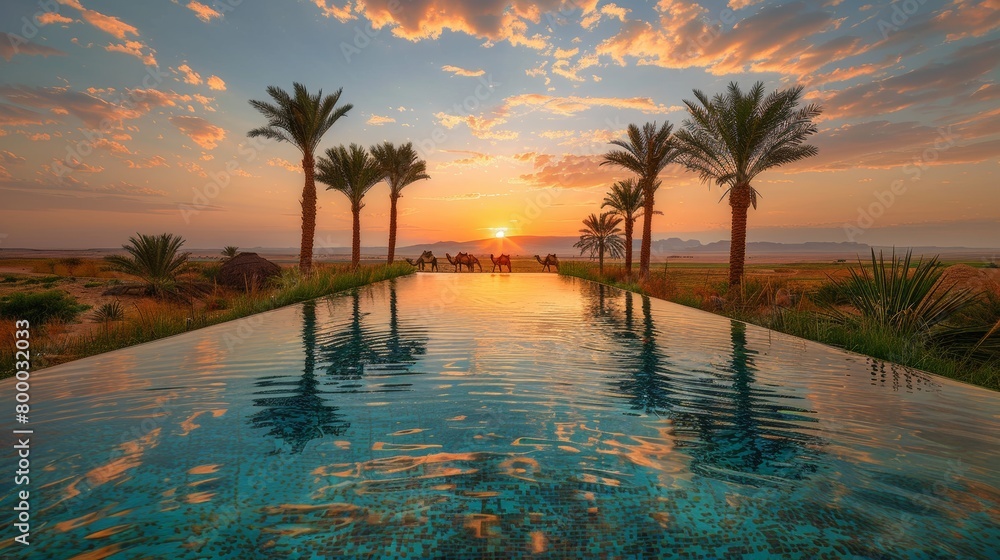 Stunning desert oasis at sunset, reflecting vibrant colors in calm waters surrounded by lush palm trees