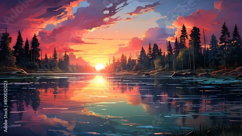 A photorealistic image of a sunrise over a peaceful landscape Wallpaper photo