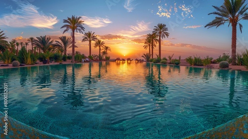 Stunning desert oasis at sunset  reflecting vibrant colors in calm waters surrounded by lush palm trees