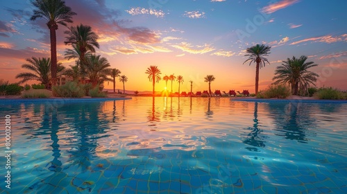 Stunning desert oasis at sunset, reflecting vibrant colors in calm waters surrounded by lush palm trees © Yusif