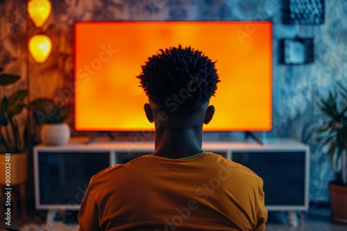 Digital mockup indian man in his 20s in front of an smart-tv with an entirely orange screen