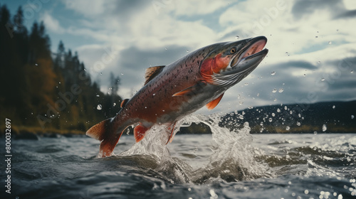 Salmon day, Jumping king salmon over the river © HappyPICS