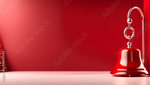 A red bell is hanging from a red background