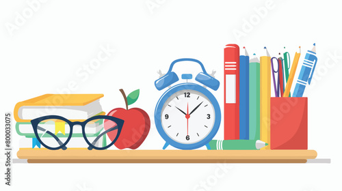 School stationery with apple eyeglasses and alarm clock 